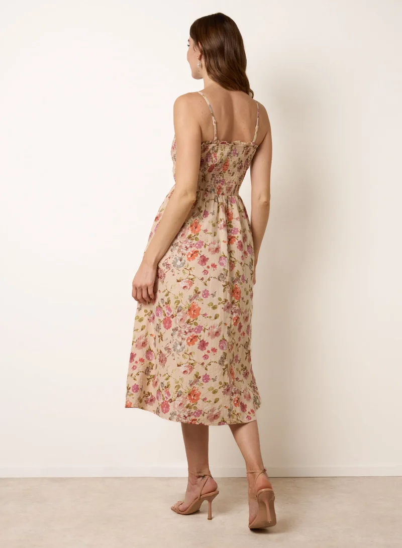 Blue Vanilla Floral Shirred Strappy Midi Dress